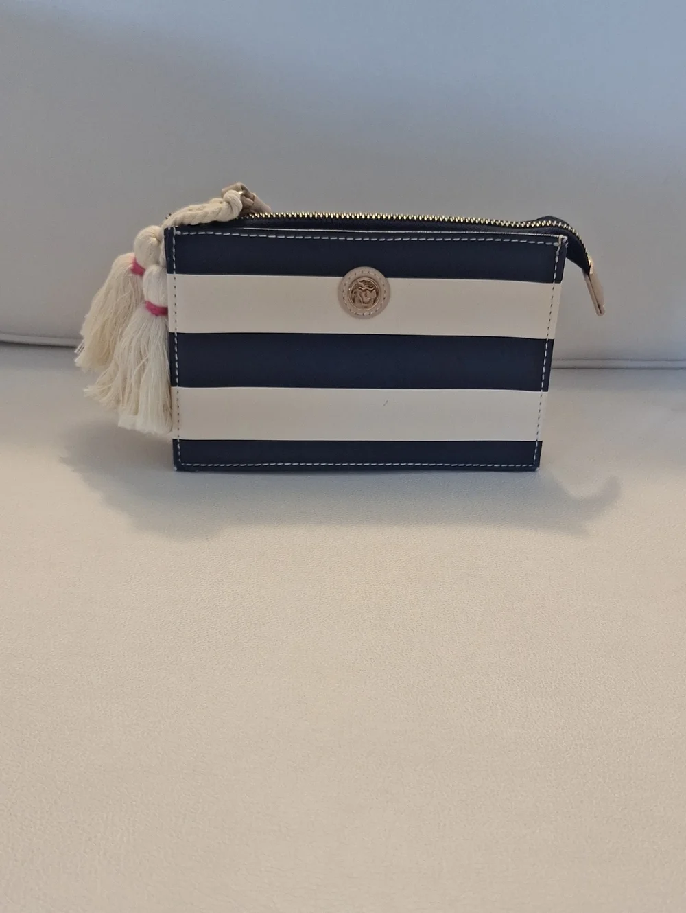 Gorgeous Spartina Striped Navy and White Leather Wristlet Pouch with Tassel